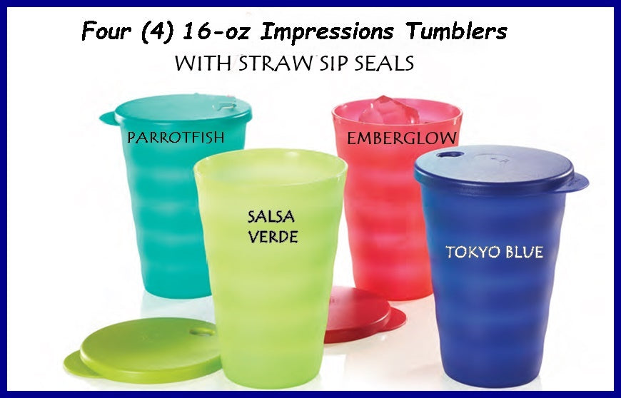 Tupperware 16-oz Impressions Drip-less Straw Seal TUMBLERS SET OF FOUR 4 Salsa Emberglow Parrot Blue - Plastic Glass and Wax ~ PGW