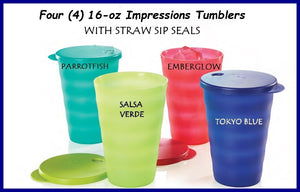 Tupperware 16-oz Impressions Drip-less Straw Seal TUMBLERS SET OF FOUR 4 Salsa Emberglow Parrot Blue - Plastic Glass and Wax ~ PGW