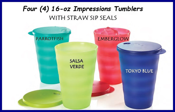 Tupperware 16-oz Impressions Drip-less Straw Seal TUMBLERS SET OF FOUR 4  Salsa Emberglow Parrot Blue