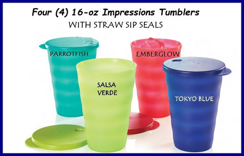 Tupperware 16-oz Impressions Drip-less Straw Seal TUMBLERS SET OF FOUR 4 Salsa Emberglow Parrot Blue - Plastic Glass and Wax ~ PGW