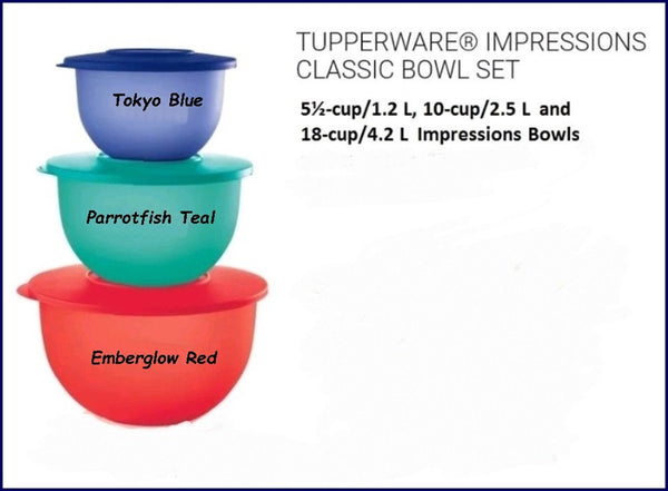 TUPPERWARE 3 IMPRESSIONS BOWLS 18-c Emberglow Red ~ 10-c Parrotfish Teal ~ 5.5-c Tokyo Blue - Plastic Glass and Wax