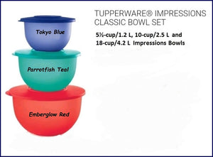 TUPPERWARE 3 IMPRESSIONS BOWLS 18-c Emberglow Red ~ 10-c Parrotfish Teal ~ 5.5-c Tokyo Blue - Plastic Glass and Wax