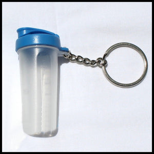TUPPERWARE NEW STYLE Mini Quick Shake Container Raindrop Blue Key Chain - Plastic Glass and Wax ~ PGW