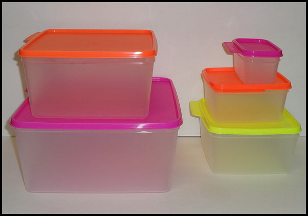 TUPPERWARE KEEP TABS 5-PC SET SQUARE STORAGE CONTAINERS w/ ELECTRIC NEON COLORED TABBED SEALS