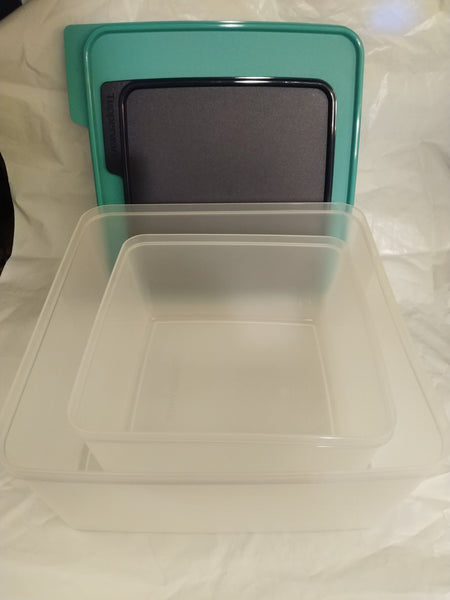 TUPPERWARE KEEP TABS 2-PIECE LARGE SQUARE NESTING STORAGE CONTAINERS w/ TABBED SEALS - Plastic Glass and Wax