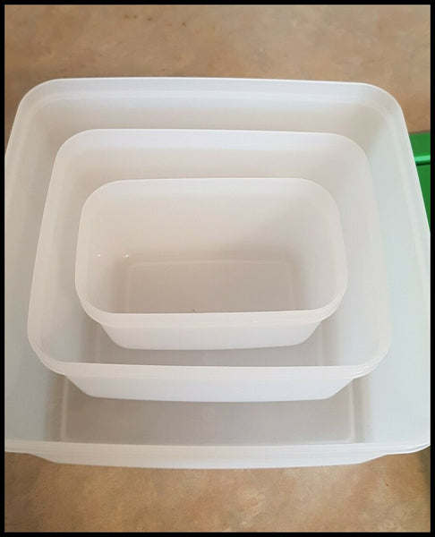 TUPPERWARE KEEP TABS 3-PIECE SQUARE NESTING STORAGE CONTAINERS w/ TABBED SEALS - Plastic Glass and Wax