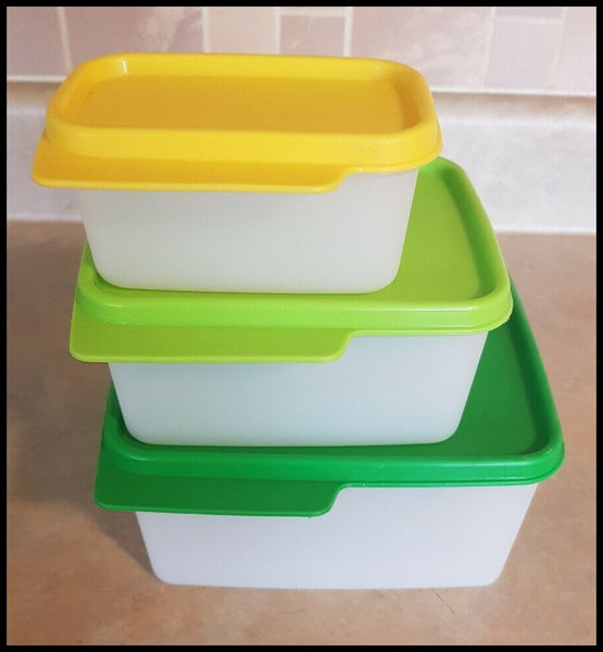 TUPPERWARE KEEP TABS 3-PIECE SQUARE NESTING STORAGE CONTAINERS w/ TABBED SEALS - Plastic Glass and Wax