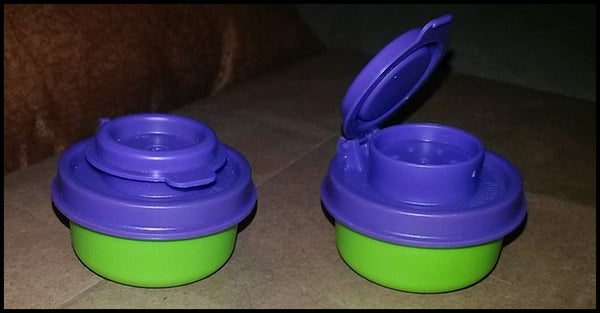 TUPPERWARE MINI SMIDGET SALT & PEPPER SHAKER SET SILVER w/ RED FLIP TOP SHAKERS - Plastic Glass and Wax ~ PGW