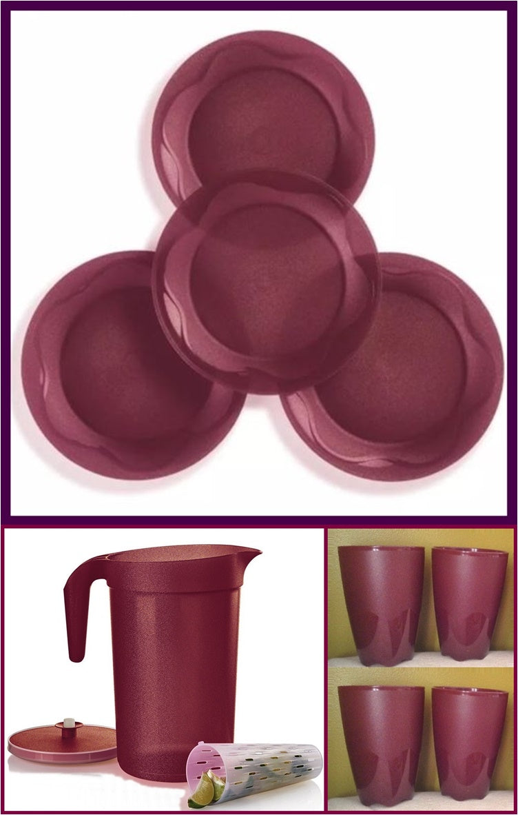 TUPPERWARE SPARKLING MERLOT LUNCH SET 1-GAL INFUSION PITCHER 4 18-oz TUMBLERS 4 PLATES