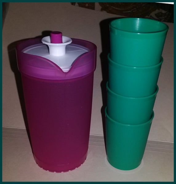 TUPPERWARE KID'S MINI 5-pc BEVERAGE SERVE-IT SET w/ PITCHER & TUMBLERS PINK & TEAL - Plastic Glass and Wax