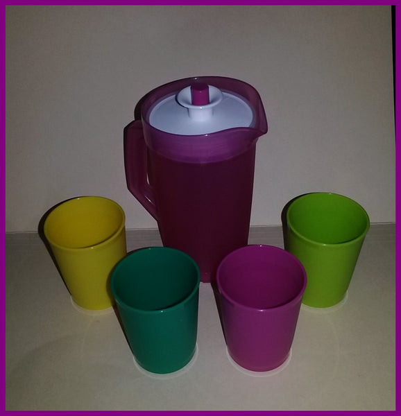 TUPPERWARE KID'S MINI 5-pc BEVERAGE SERVE-IT SET w/ PITCHER & TUMBLERS PINK & TEAL - Plastic Glass and Wax