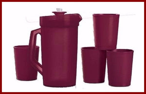 TUPPERWARE KID'S MINI 5-pc BEVERAGE SERVE-IT SET w/ PITCHER & TUMBLERS MERLOT - Plastic Glass and Wax