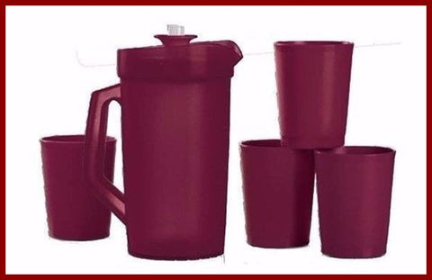 TUPPERWARE KID'S MINI 5-pc BEVERAGE SERVE-IT SET w/ PITCHER & TUMBLERS MERLOT - Plastic Glass and Wax