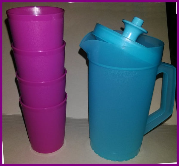 TUPPERWARE KID'S MINI 5-pc BEVERAGE SERVE-IT SET w/ PITCHER & TUMBLERS PINK & TEAL - Plastic Glass and Wax