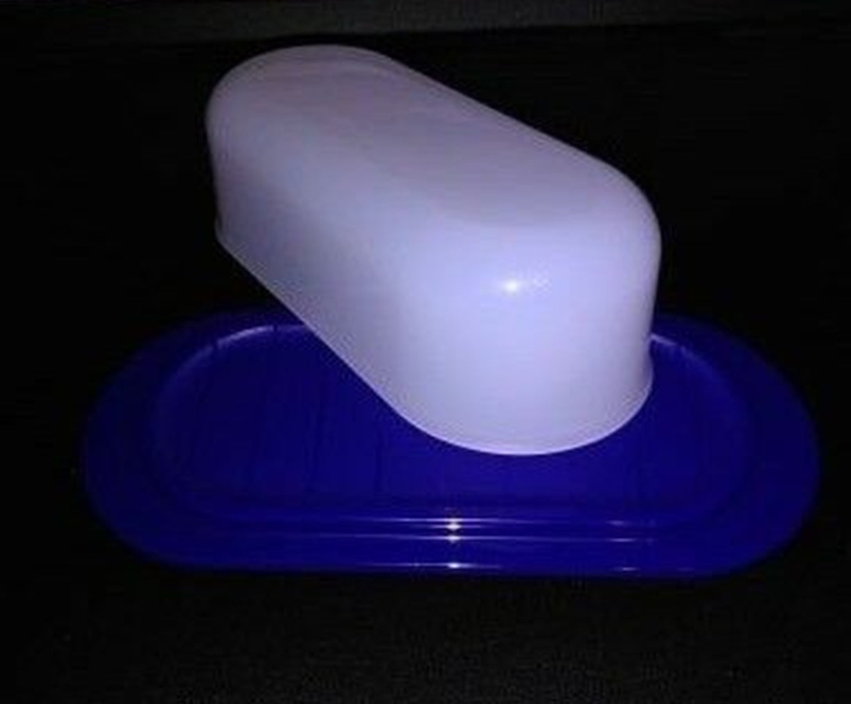 TUPPERWARE OPEN HOUSE 2-PC SHEER / TOKYO BLUE SINGLE STICK BUTTER KEEPER STORAGE - Plastic Glass and Wax