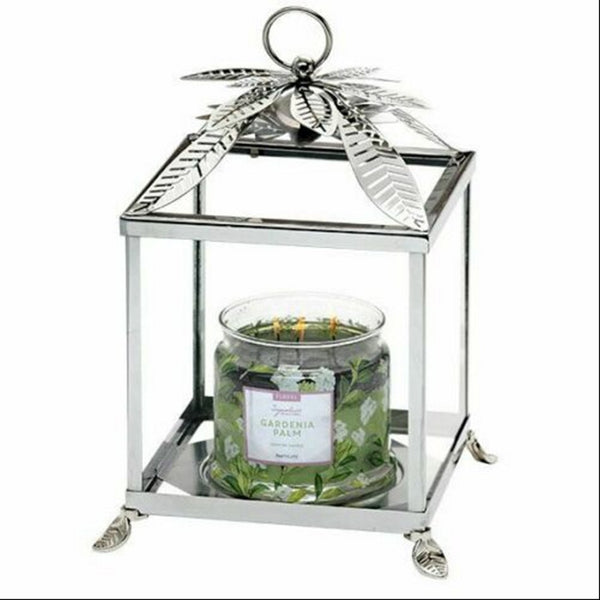 Partylite PALM LEAF MULTI PURPOSE SILVER-TONE JAR / PILLAR CANDLE HOUSE HOLDER