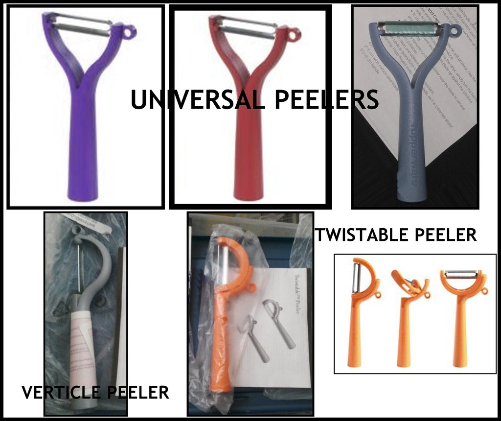 TUPPERWARE PREP CLICK-IT PEELER ACCESSORY SET 3 PEELERS 2 HANDLE 2 TRA –  Plastic Glass and Wax ~ PGW