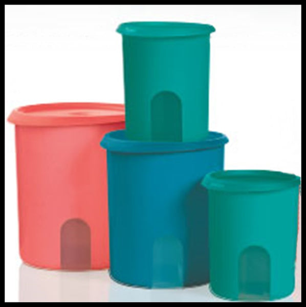 TUPPERWARE 3 Pc Classic COLORED REMINDER Canister Set ~ Papaya ~ Teal ~ Green Canisters - Plastic Glass and Wax