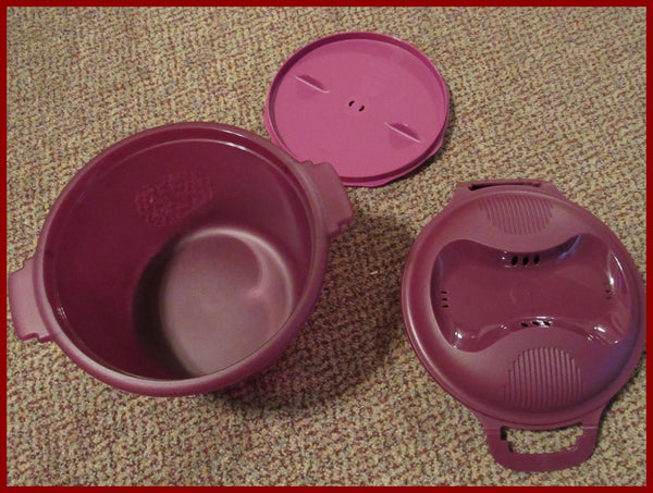 Tupperware Microwave LARGE Round 4-cup Rice / Grain Maker / Cooker  / Steamer in RHUBARB PURPLE - Plastic Glass and Wax