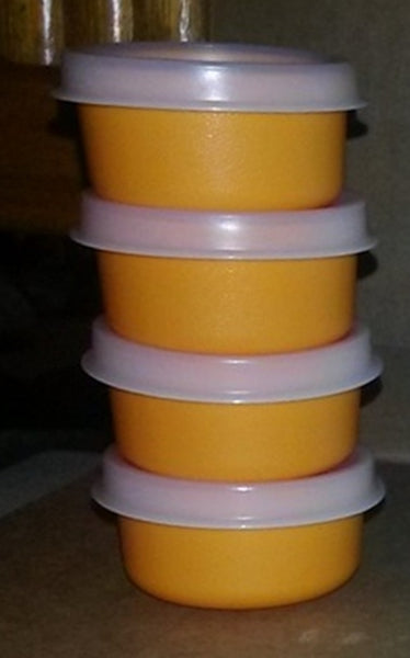 TUPPERWARE TUPPER MINI SMIDGET PILL KEEPER SET of 4 GRAPE PURPLE 1-OZ SMIDGETS w/ SEALS - Plastic Glass and Wax