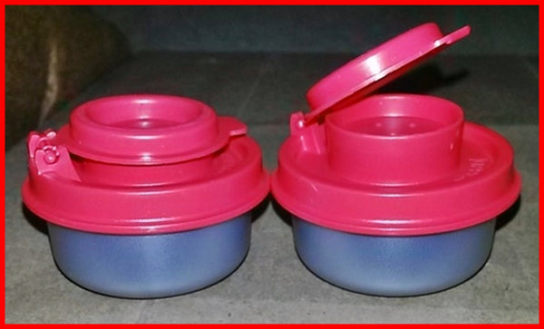 TUPPERWARE MINI SMIDGET SALT & PEPPER SHAKER SET SILVER w/ RED FLIP TOP SHAKERS - Plastic Glass and Wax ~ PGW