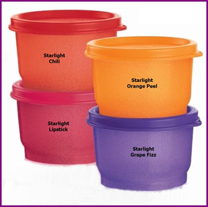 TUPPERWARE SPARKLING STARLIGHT Snack Cup Set FOUR w/ Seals 4-oz Capacity - Plastic Glass and Wax ~ PGW