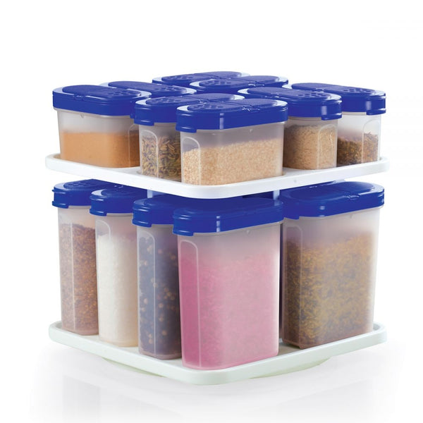 TUPPERWARE MODULAR MATES SPICE CAROUSEL w/ 16 SHAKERS RAINDROP BLUE ~ FREE SHIP - Plastic Glass and Wax