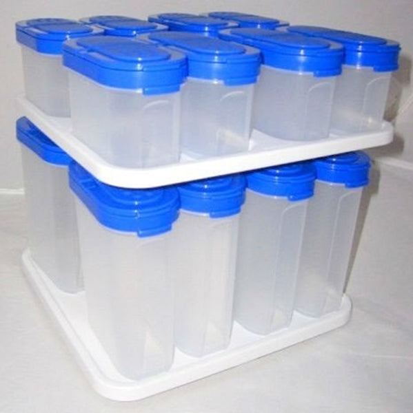 TUPPERWARE MODULAR MATES SPICE CAROUSEL w/ 16 SHAKERS RAINDROP BLUE ~ FREE SHIP - Plastic Glass and Wax