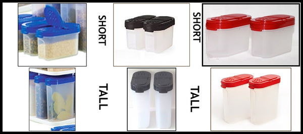 TUPPERWARE MODULAR MATES SPICE SHAKER SET BLACK 4 Shakers ~ 2 Tall Large & 2 Short Small - Plastic Glass and Wax
