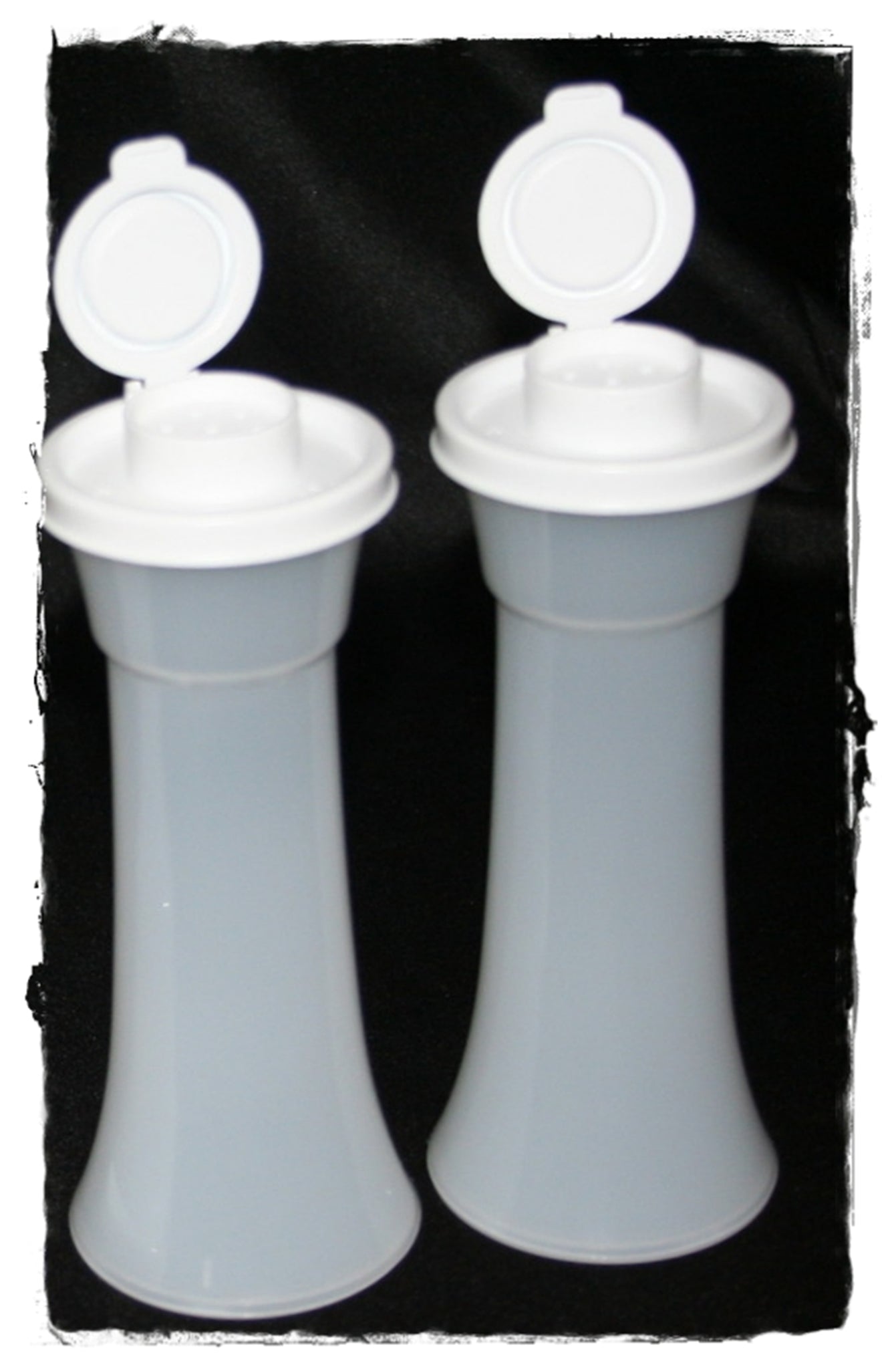 TUPPERWARE IMPRESSIONS TALL HOURGLASS SALT & PEPPER SHAKER SET SHEER / SNOW WHITE - Plastic Glass and Wax