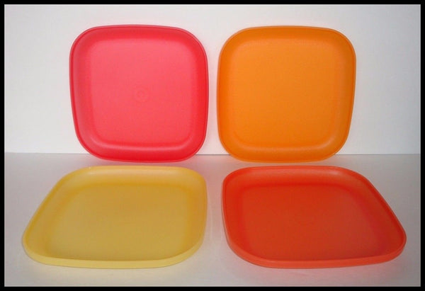 Tupperware 8" Square Microwave Luncheon Plates 4 Colored Yellow, Orange, Guava, & Mango - Plastic Glass and Wax