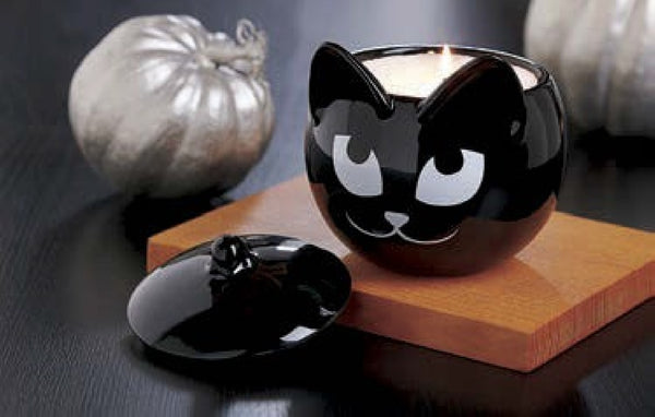 PartyLite SLY BLACK CAT REFILLABLE 2 PIECE CANDLE HOLDER TRINKET CANDY DISH - Plastic Glass and Wax ~ PGW