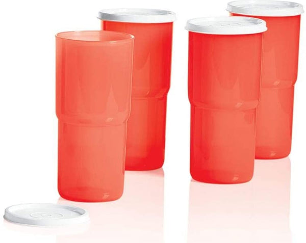 TUPPERWARE 4-pc ORANGE 12-oz TABLETOP TAPERED TUMBLERS w/ ORANGE ROUND SEALS