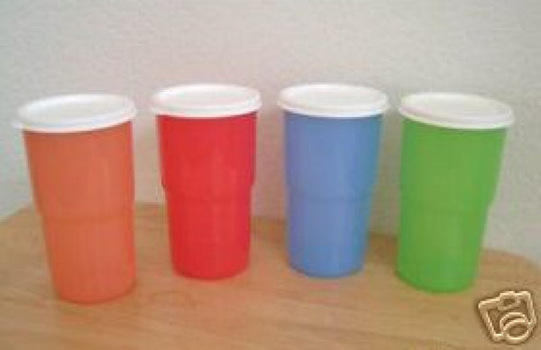 TUPPERWARE 4-pc COLORED TABLETOP TAPERED TUMBLERS w/ WHITE ROUND SEALS - Plastic Glass and Wax