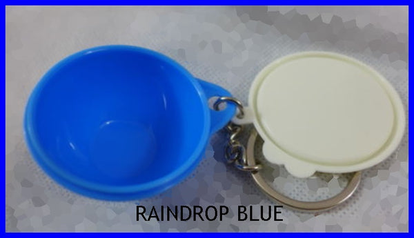 TUPPERWARE Mini Mega That's A Bowl Key Chain RAINDROP Blue & Snow White - Plastic Glass and Wax ~ PGW