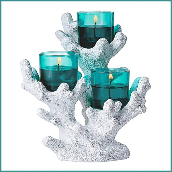 PARTYLITE TROPICAL RESIN CORAL & SEA BLUE TRIPLE VOTIVE / TEALIGHT CANDLE HOLDER