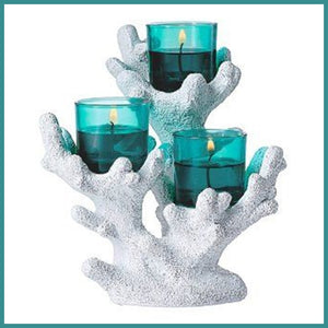 PARTYLITE TROPICAL RESIN CORAL & SEA BLUE TRIPLE VOTIVE / TEALIGHT CANDLE HOLDER