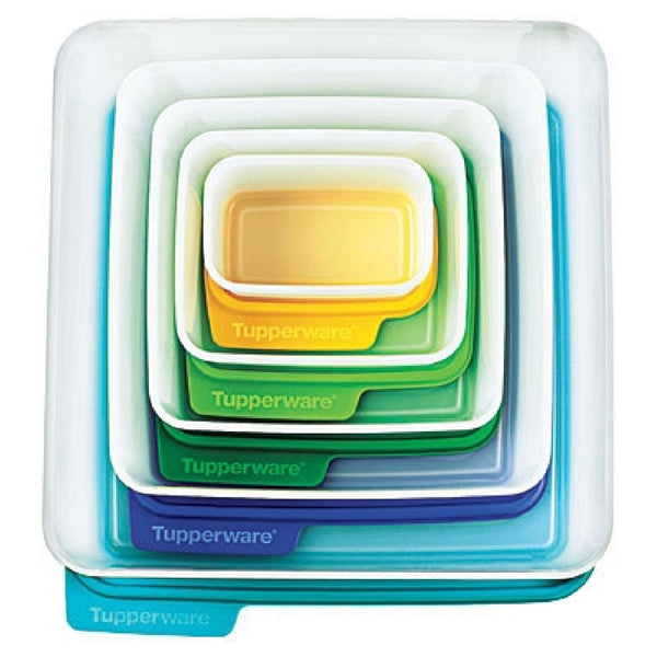 TUPPERWARE KEEP TABS 5-PC SET SQUARE STORAGE CONTAINERS w/ ORIGINAL COLORED TABBED SEALS