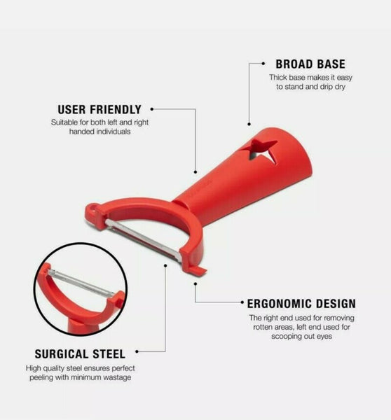 TUPPERWARE PREP ESSENTIALS UNIVERSAL STAINLESS STEEL PEELER RED STAR HANDLE - Plastic Glass and Wax ~ PGW