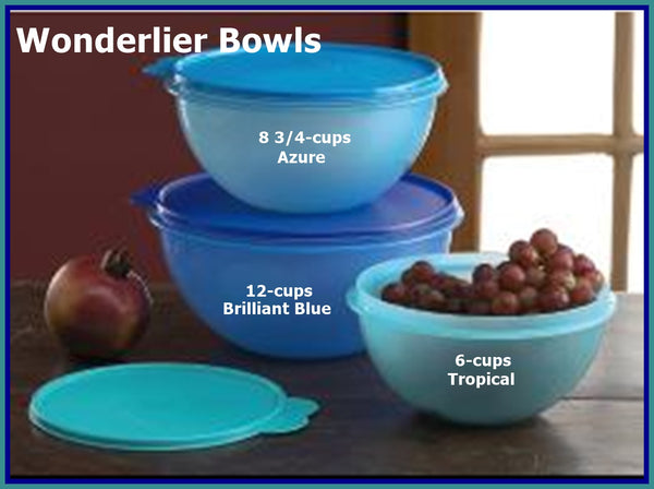 TUPPERWARE 3 Wonderlier RARE Mixing Bowls 6-c Tropical 8.75-c Azure 12-c Brilliant Blue