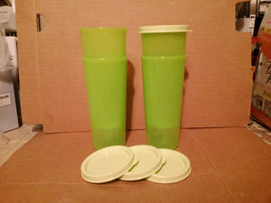 TUPPERWARE 4-pc SET 9-oz LIME GREEN STRAIGHT SIDED TUMBLERS w/ SNOW WHITE ROUND SEALS - Plastic Glass and Wax