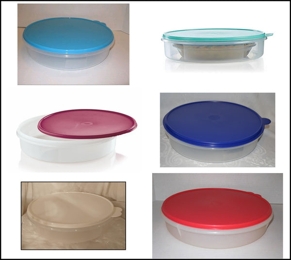TUPPERWARE Prep Essentials ROUND CONTAINER Refrigerator Pie Storage BRIGHT Red Seal - Plastic Glass and Wax