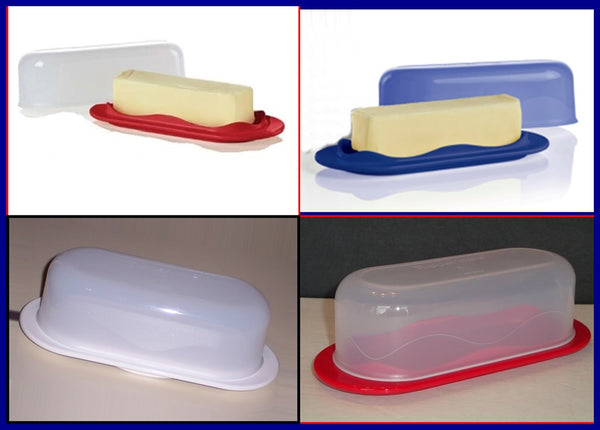 TUPPERWARE OPEN HOUSE 2-PC SHEER / TOKYO BLUE SINGLE STICK BUTTER KEEPER STORAGE - Plastic Glass and Wax