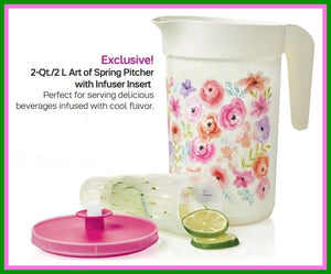 TUPPERWARE 2-qt ART OF SPRING FLORAL PINK BEVERAGE PITCHER W/ 3-PART PUSH BUTTON SEAL & INFUSION INSERT - Plastic Glass and Wax