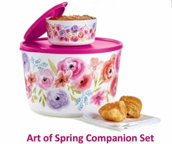 TUPPERWARE 2 ART OF SPRING FLORAL SNAP TOGETHER SERVING BOWLS FUCHSIA PINK SEALS - Plastic Glass and Wax