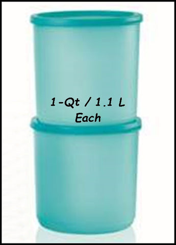 TUPPERWARE TWO 1-Qt / 1.1L Basic Bright Deep Canister Containers / Bowls w/ Seals Aqua Lt Blue - Plastic Glass and Wax ~ PGW
