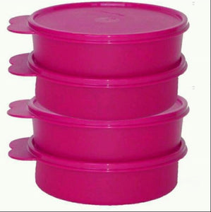 TUPPERWARE BIG WONDERS BOWL SET OF 4 PINK BOWLS w/ BUTTERFLY TABBED SEALS - Plastic Glass and Wax