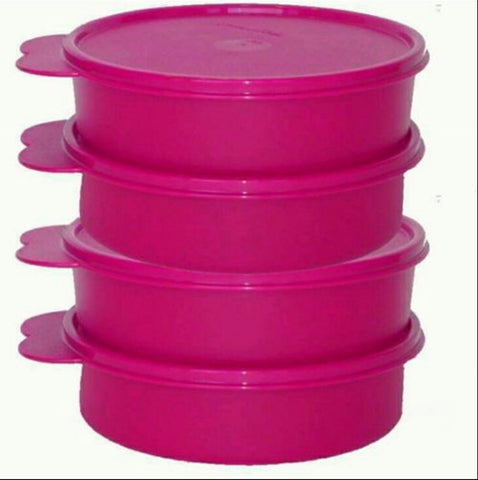 TUPPERWARE BIG WONDERS BOWL SET OF 4 PINK BOWLS w/ BUTTERFLY TABBED SEALS - Plastic Glass and Wax