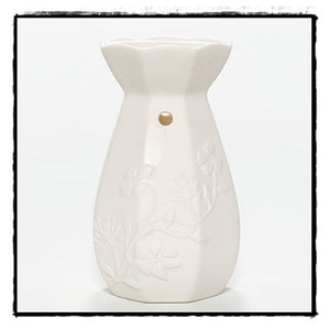 YANKEE CANDLE GLAZED WHITE CERAMIC FLORAL Fragrance Oil Tealight Warmer Diffuser - Plastic Glass and Wax