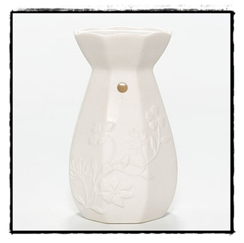 YANKEE CANDLE GLAZED WHITE CERAMIC FLORAL Fragrance Oil Tealight Warmer Diffuser - Plastic Glass and Wax